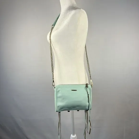 Rebecca Minkoff Crossbody Mini Bag Leather Purse Studded 5 Zip Mint Clutch Tote - Picture 3 of 16